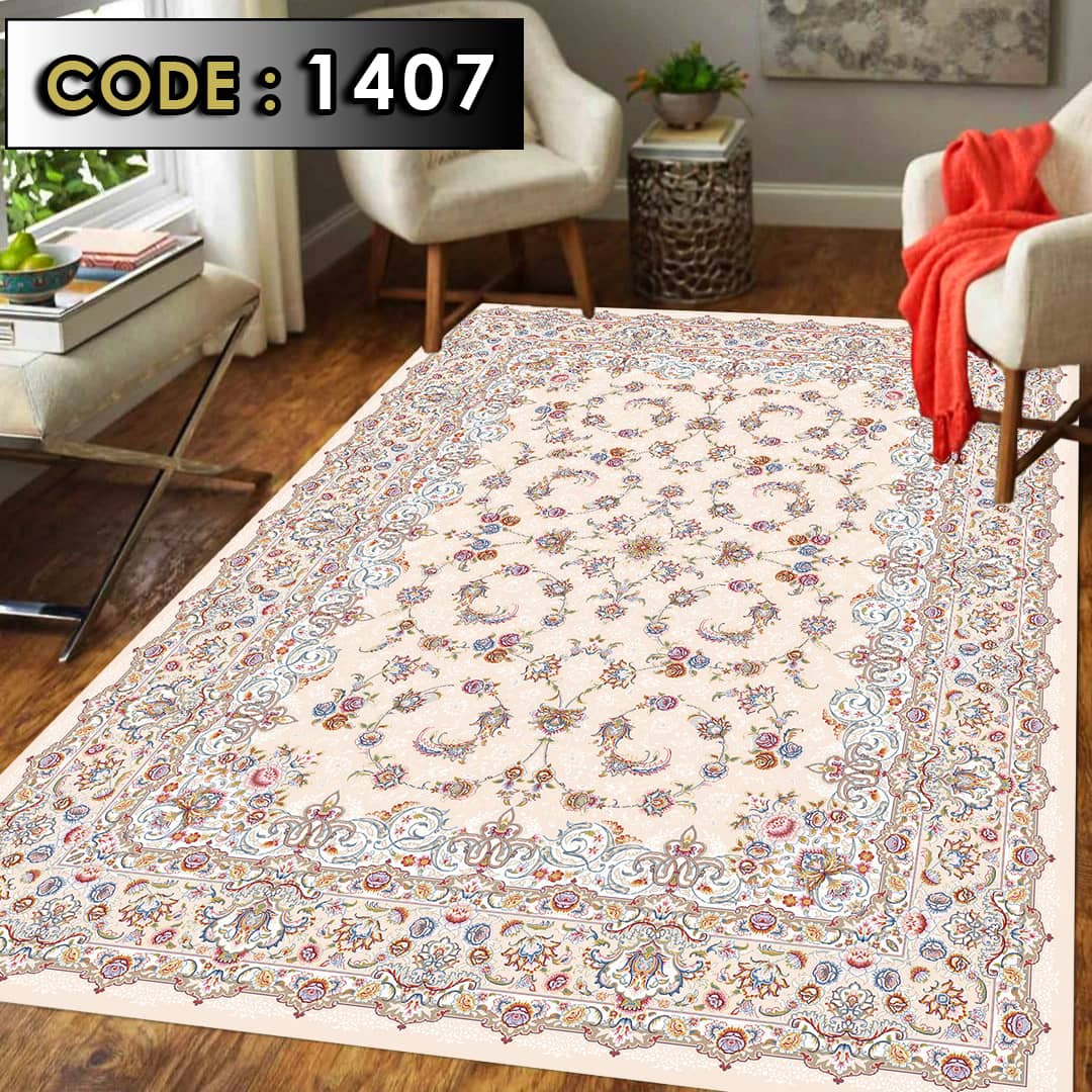 روفرشی کشدار مخمل شانل ترک طرح افشان رنگ کرم روی فرش – گالری فرش کاوه