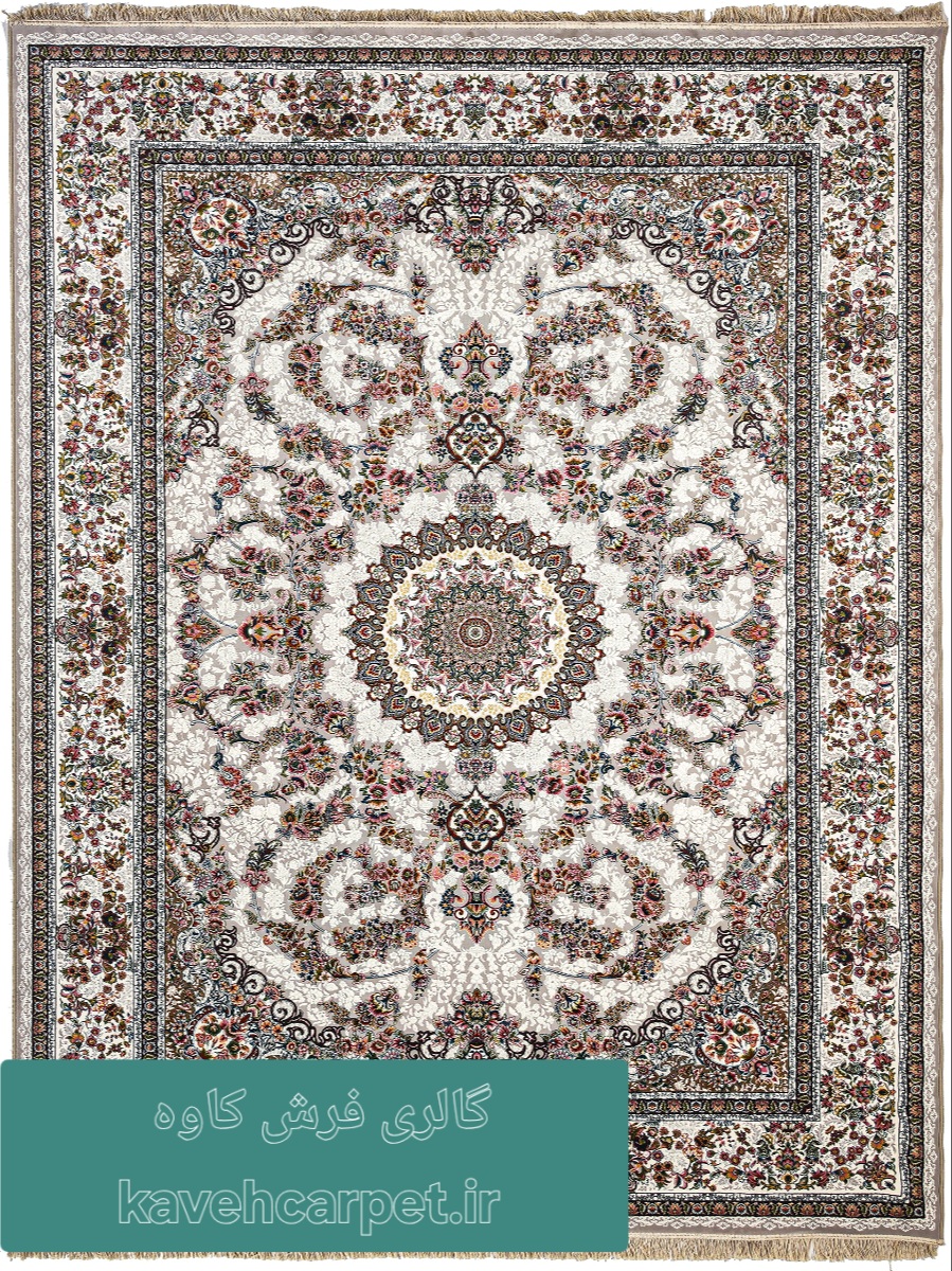 فرش نگین مشهد کد ۱۰۱۰ رنگ نقرهای کرم با طرح اصیل ایرانی و ۱۰۰۰ شانه تراکم ۳۰۰۰ از گالری فرش کاوه