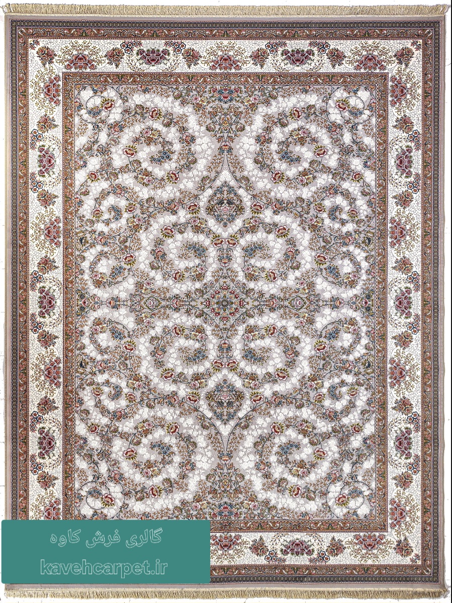 فرش نگین مشهد کد ۱۰۱۱ رنگ کرم نقره‌ای با طرح اصیل و مدرن ایرانی، ۱۰۰۰ شانه تراکم ۳۰۰۰ از گالری فرش کاوه